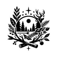A black and white naturethemed emblem featuring a forest scene enclosed in a circle, encompassed by foliage, deer antlers, and a wooden log, with stars and hearts. vector