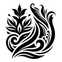 Intricate Black and White Floral Featuring Stylized Leaves and Swirls, Emphasizing Elegance and Symmetry on White. vector