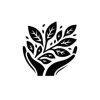 A stylized, minimalist depicting hands cupping a flourishing plant, symbolizing environmental care and growth, on a pristine white background. vector