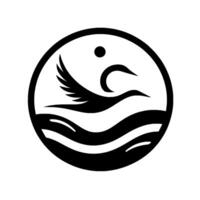 Stylized Silhouette of a Swan in Flight Above Water, Enclosed in a Circle, Minimalist . vector