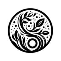 Intricate Black and White Circular Spiraling Foliage and Geometric Shapes Enclosed within a Border, Evoking Balance and Harmony. vector