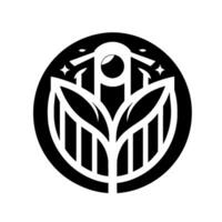 Intricate minimalist black and white featuring a stylized plant with leaf structures, a circular top with a central element, and two eyeslike shapes above the plant, set within a circle. vector