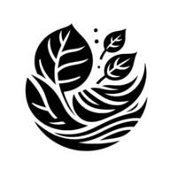 A minimalist black and white circular featuring stylized leaves and flowing lines, evoking natural elements and organic form. vector
