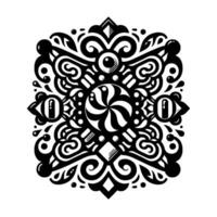 Intricate black and white symmetrical featuring a central spiral, eye motifs, ornate scrollwork, and geometric shapes on a clean white background. vector
