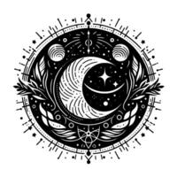 Intricate Black and White Celestial Mandala Crescent Moon, Stars, and Botanical Elements within a Decorative Circular Frame. vector