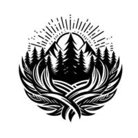 A Stylized Black and White Illustration Featuring a Mountainous Forest Scene, Radiating Sunshine Within a Decorative WreathLike Frame. vector