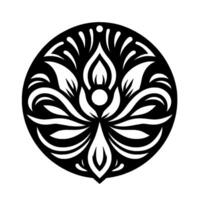 Intricate monochrome floral mandala in a circular composition, featuring stylized petals and a central seed, evoking symmetry and nature. vector
