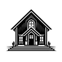 A striking monochrome illustration of a detailed gableroofed house with multiple windows, steps, and stylized vegetation, conveying a minimalist aesthetic. vector