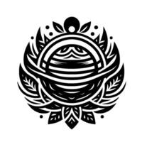 Abstract, symmetrical black and white tribal featuring a circular composition with layered, stylized leaf and stripe elements, accented by dots and a central sphere. vector