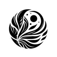 A symmetrical, intricate black and white of a circular motif, featuring floral elements, moon phases, and abstract patterns. vector