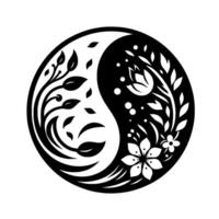 Elegant YinYang Symbol A stylized monochrome floral showcasing leaves, flowers, and branches, embodying balance and harmony within a minimalist circular composition. vector