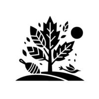A stylized black and white illustration of a tree, sun, bird, and abstract elements, evoking natures balance and a minimalist aesthetic. vector