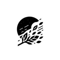 A minimalist black and white illustration depicting a stylized tree branch with leaves, partially obscuring a starry night within a circular shape. vector