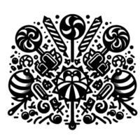 Intricate Black and White Candy Composition Symmetrical Arrangement of Lollipops, Candies, and Decorative Elements on White Background. vector