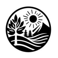Monochrome Circular Scenic Illustration of a Mountainous Landscape with Sun, Trees, and Foliage. vector