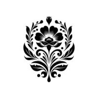 Intricate Black Floral A symmetrical, stylized botanical pattern, featuring a central flower and surrounding foliage, rendered in bold black against a stark white backdrop. vector