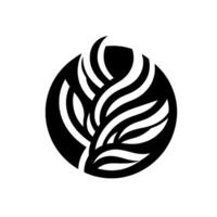 Abstract black and white minimalist featuring an organic floral enclosed within a circular shape, suggestive of leaves or a flame. vector