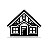 A stylized, blackandwhite architectural illustration of a charming cottage, featuring a gabled roof, crossinlaid window, and symmetrical window placement, presented against a stark white backdrop. vector