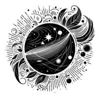 Intricate black and white illustration depicting a celestial orb with stylized stars, flowing lines, and organic elements, evoking a sense of cosmic wonder. vector
