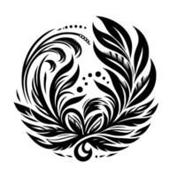 Circular, symmetrical monochrome floral with stylized leaves, curls, and dot accents, creating a balanced, elegant aesthetic. vector