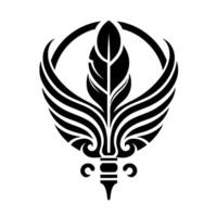 A bold, symmetrical emblem features a stylized black feather, encircled by a ring and flanked by curved winglike elements on a white background. vector