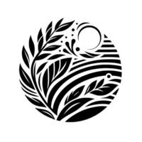 Intricate Black and White Circular Composition Stylized Leaves, Organic Forms, and Geometric Stripes within a Modern , Evoking Harmony and Natural Aesthetics. vector
