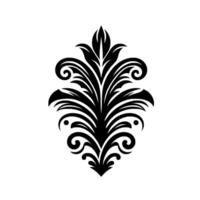 An intricate, symmetrical black and white damask with stylized floral elements, swirls and leaves. The ornate pattern is on a stark white background. vector