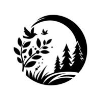 Minimalist Black and White Circular Nature Scene Birds, Trees, and Foliage Within a Decorative Crescent Frame. vector