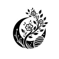 Elegant Black and White Floral Featuring Blossoming Branches Within a Crescent Moon and Abstract, Striped Elements. vector