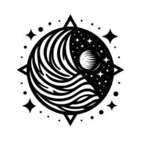 A monochrome celestial featuring a stylized planet partially revealing a starry night, encased within a compass roselike frame, with flowing lines. vector