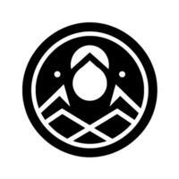Minimalist Black and White Emblem Featuring a Mountainous Landscape with a Central TearDropSun Motif Enclosed in a Circular Frame. vector