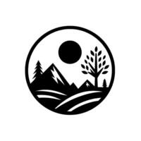 A minimalist black and white landscape featuring mountains, a tree, sun, and rolling hills within a circular frame. vector