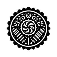 Intricate black and white circular featuring a swirl lollipop center, flanked by stylized candy elements and decorative embellishments. vector