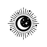 A minimalist celestial illustration featuring a crescent moon, stars, and a stylized sunburst pattern, all rendered in black and white. vector