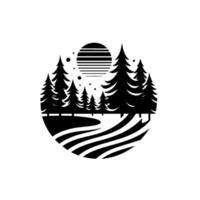 Black and white minimalist illustration within a circle, depicting a serene forest scene with pine trees, a stylized river and a striped sun. vector