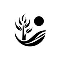 Minimalist Black and White Nature featuring a stylized tree, sun, and flowing landscape within a circular composition, conveying serenity and organic harmony. vector