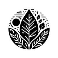 Minimalist Black and White Botanical Illustration Circular composition with leaves, sun, and stars, emphasizing natures essence in a stylized manner. vector