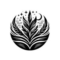 Stylized black and white illustration of a central plant with featherlike leaves, within a circle featuring city silhouette, stars, and a crescent moon. vector