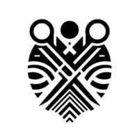 Abstract monochrome illustration of a stylized group of figures, with overlapping geometric shapes and a concentric forming a symmetrical composition. vector