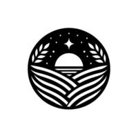 A minimalist, black and white circular depicting a stylized sunrise over rolling fields, adorned with wheat and a starry night sky. vector