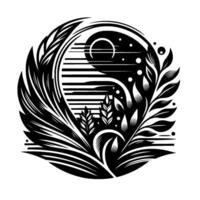 Monochromatic Circular Composition A stylized depiction of nature with foliage, a sunlike shape, and lines, all set against a stark white background. vector