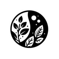 Yin and Yang, Black and White Circular with Botanical Imagery Branch with Leaves, Three Leaves, Dots and Circles, Representing Harmony vector