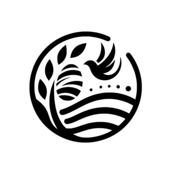 Minimalist Black and White A Stylized Dove Soaring Over Fields, a Nest, and Trees within a Circular Frame. vector