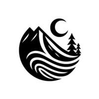 Stylized Black and White Circular Emblem Mountain Peaks, Crescent Moon, and Evergreen Trees, Evoking a Sense of Tranquility and Wilderness. vector