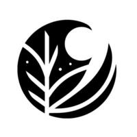 Minimalist Black and White Circle Composition Featuring a Branch with Leaves, Crescent Moon, and Starry Night. vector