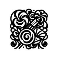 A monochrome, stylized illustration depicting a whimsical arrangement of lollipops and candies in various shapes and swirling patterns, against a clean white backdrop, in a modern, illustrative graphi vector