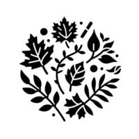 A monochromatic botanical composition featuring stylized leaves and branches artfully arranged within a circular , evoking a sense of natural harmony. vector