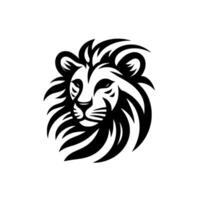 A striking black and white illustration of a lions head, featuring a stylized mane and fierce expression, centered against a clean white background, highlighting its regal form. vector