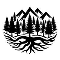 Black and White Stylized Circle Composition of Mountains, Evergreen Forest, and Extensive Root System with white background. vector
