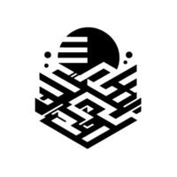 Geometric Abstraction A stylized black and white composition featuring a mazelike structure beneath a celestial body with horizontal lines, accented by small dots. vector